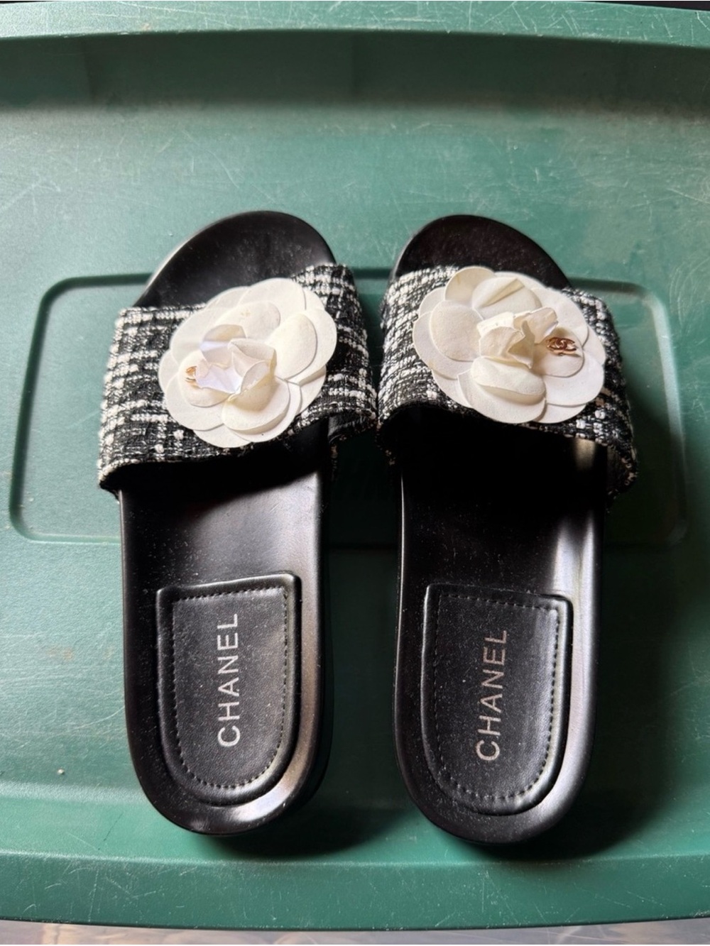 CHANEL Black Tweed Slides with White Camellias